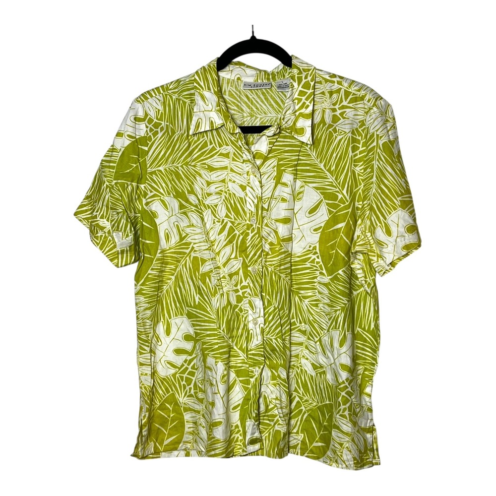 Kim Rogers Sport Womens Large Lime Green 100% Linen Tropical Monstera Leaf Shirt